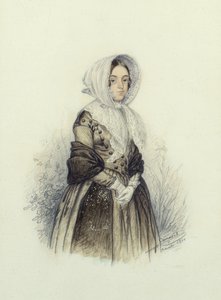 Porträt einer jungen Dame mit Haube und weißen Handschuhen