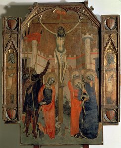 Die Kreuzigung, oberer Teil des zentralen Panels des großen Altarbildes von Almudaina, fertiggestellt 1358 von F. Bassa and R. Destorrents