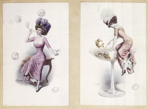 Postkarten, die eine Frau zeigen, die Seifenblasen bläst und in einem Champagnerglas fischt, ca. 1900