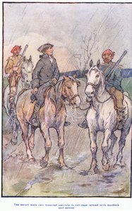 Die Eskorte waren berittene Patrioten in roten Mützen, bewaffnet mit Musketen und Säbeln