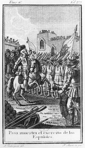Hernando Cortes (1485-1547) überprüft seine Truppen, graviert von Antonio Rodriquez