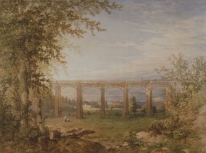 Ein Ziegel- und Holzbahnviadukt mit Dampflok, 1849