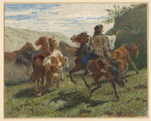 Ungarischer Reiter treibt mehrere Pferde in den Hintergrund von F. Smithson