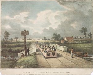 Ansicht der Liverpool & Manchester Eisenbahn an der Stelle, wo sie den Duke of Bridgewaters Kanal kreuzt, graviert von A.B. Clayton, 1831