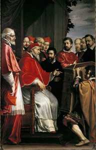 Michelangelo präsentiert Papst Julius III. das Modell des Gebäudes des Rota-Gerichts in der Giulia-Straße von Fabrizio Boschi