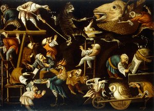 Imaginäre Tiere und Zwerge kämpfen, trinken und feiern von Faustino Bocchi or Boccasi