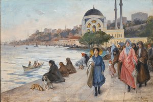 Mafalda am Ufer des Bosporus, die Dolmabahce-Moschee im Hintergrund von Fausto Zonaro