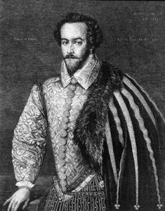 Porträt von Sir Walter Raleigh (1554 - 1618), englischer Navigator, Höfling und Schriftsteller. Gravur nach einem Gemälde, das Federico Zuccaro (oder Zuccari) (1549 - 1609) zugeschrieben wird, von 1588.
