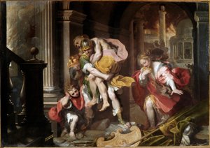 Enee trägt seinen Vater Anchise auf den Schultern und flieht vor dem Feuer von Troja. Gemälde von Federico Fiori, genannt il Barocci
