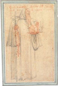 Fra Stefano, Prokurator der Kamaldulenser in Vallombrosa, als Heiliger Romuald, hält ein Modell einer Kirche und einen Rosenkranz, 1577 von Federico Zuccaro