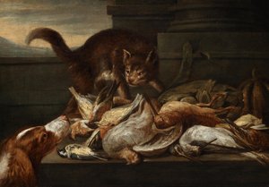 Jagdstillleben mit Katze