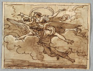 Eine Frau, unterstützt von einem fliegenden Engel von Felice Giani