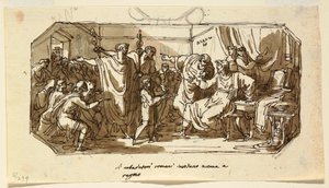 Deckenentwurf: Römischer Botschafter bittet den Sabiner Numa Pompilius, über Rom zu herrschen, Sala di Numa Pompilio, Palazzo Milzetti, Faenza