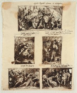 Entwurf für verschiedene Dekorationen, einschließlich Coriolanus an den Mauern von Rom