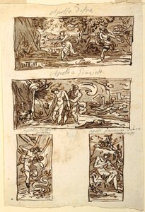 Vier Zeichnungen des Mythos von Apollo; Dekoration einer Wand über einem Kamin, Sala di Apollo, Palazzo Cavina, Faenza von Felice Giani