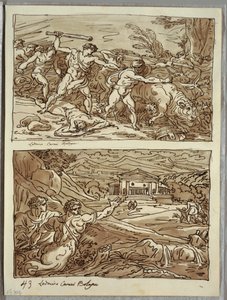 Remus vertreibt und tötet die Räuber der Herden; Zufluchtsort für die Flüchtlinge auf dem Kapitol, zwei Studien nach Carracci von Felice Giani