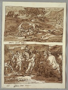 Romulus und Remus von der Wölfin gesäugt; Romulus weiht Jove Feretrius die Beute des besiegten Königs Acronius, Zwei Studien nach Carracci von Felice Giani