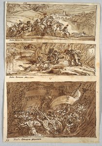 Skizzenbuchseite, Folio 95: Drei Gemälde nach Giulio Romano; Verso: Löwe und Adler von Felice Giani