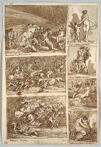 Skizzenbuchseite: Studien nach Gemälden in Ferrara, Rom, Bologna, Mantua nach Künstlern Tibaldi, Raphael, Andrea del Sarto und Polidoro; Rückseite: Vogelskelett und Pferdekopf