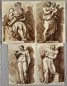 Studien nach vier Statuen auf dem Grabmal von Julius II., nach Michelangelo: Moses; Madonna mit Kind; Leah, Tugend; Rachel, Religion