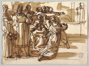 Der Prälat und die Schemelträger und Frauen in ihrer Nähe in "Vertreibung des Heliodorus" nach Raffael Sanzio von Felice Giani