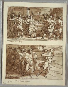 Der Stolz des Romulus: Das Verspotten des alten Hauptmanns von Veii; Zwei Studien nach Carracci von Felice Giani