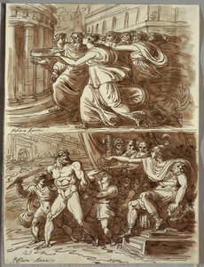 Die Vestalin Tuccia trägt Wasser im Sieb; Zwei Studien nach Polidoro da Caravaggio von Felice Giani