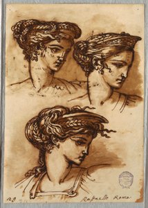 Drei Studien eines Kopfes mit Diadem und geflochtenem Haar, nach Raphael von Felice Giani