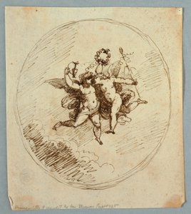 Zwei fliegende Putti mit Attributen des Dionysos