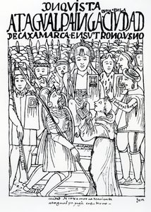 Diego de Almagro, Francisco Pizarro und Pater Vicente de Valverde knien vor Atahualpa Inka in Cajamarca von Felipe Huaman Poma de Ayala