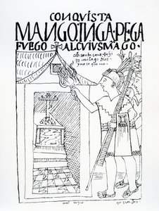 Manco Inca versucht, den Inka-Palast von Cuyus Mango zu verbrennen, der für den christlichen Gottesdienst umgebaut worden war, aber Gott greift ein von Felipe Huaman Poma de Ayala