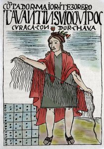 Quipu (Quipo Quipou) Inka-Buchhaltungssystem aus Seilen und Knoten, Inka-Kultur 1400-1532 n. Chr., Manuskript von Felipe Guaman Puma de Ayala (Nueva Coronica y buen Gobierno), indianischer Kolumnist des 16. Jahrhunderts.