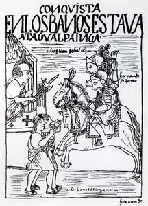 Sebastian de Benalcazar und Hernando Pizarro konfrontieren Atahualpa Inka in den königlichen Bädern von Cajamarca von Felipe Huaman Poma de Ayala