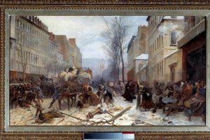 Szene des Bombardements in Paris durch preußische Armeen im Januar 1871. Krieg von 1870-1871: die Belagerung von Paris durch die preußische Armee. Gemälde von Henri Felix Philippoteaux (1815-1884). 1871. Paris, Musée Carnavalet