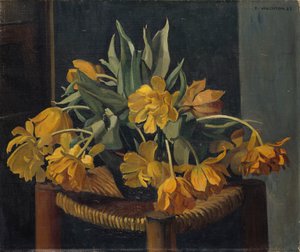 Doppelte gelbe Tulpen auf einem Korbstuhl von Felix Edouard Vallotton
