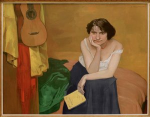 Sitzende brünette Frau von vorne, mit Gitarre von Felix Edouard Vallotton