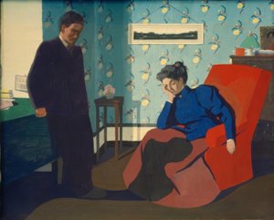 Innenraum mit rotem Sessel und Figuren