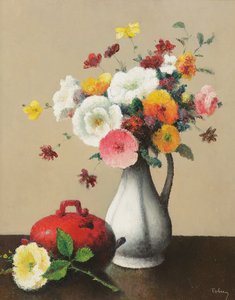 Weiße Vase und rote Schachtel von Felix Elie Tobeen
