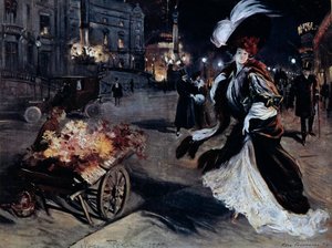 Belle Epoque: Frau in Egrets in einer Pariser Straße bei Nacht von Felix Fournery