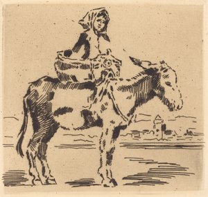 Cacoletière à la Tour Frau reitet auf einem Esel in der Nähe eines Turms