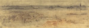 Meereslandschaft mit befestigter Stadt rechts, Inseln links und einem Cottage im Vordergrund, ca. 1882 von Felix Hilaire Buhot
