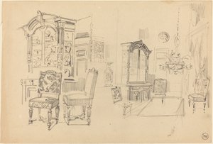 Zwei Studien eines Interieurs mit Möbeln von Felix Hilaire Buhot