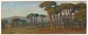 Weitläufige Landschaft mit einem Dorf und Hügeln in der Ferne von Felix Hippolyte Lanoue