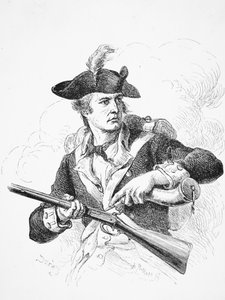 Ein amerikanischer Soldat während des Unabhängigkeitskrieges, der sein Pulverhorn benutzt, um die Pfanne seines Steinschlossmuskets zu füllen, graviert von A. Bollett