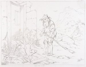 (Rip Van Winkle, Illustration) Rip kehrt zu seinem Haus in Ruinen zurück