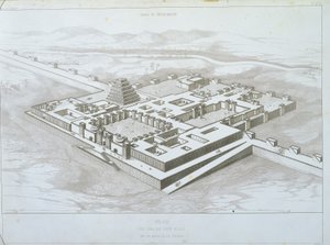 Khorsabad-Palast, historische Ansicht von Südosten mit einem Teil der befestigten Mauern, Illustration aus 