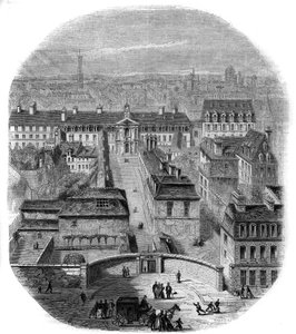 Ansicht der Gobelins-Manufaktur in Paris, mit dem Kapuzinerkloster, dem Observatorium und dem Schloss der Königin Blanche. Gravur von Thorigny von Felix Thorigny