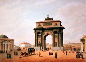 Der Triumphbogen auf dem Tverskaya-Platz in Moskau, gedruckt von Lemercier, Paris, 1840er Jahre von Felix after Benoist