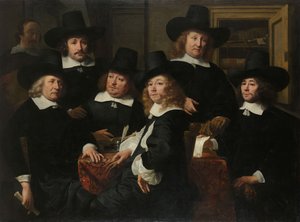 Sechs Regenten und der Pedell des Nieuw Zijds Instituts für die Außenhilfe der Armen, Amsterdam, 1657 von Ferdinand Bol