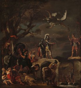 Die Friedensverhandlungen zwischen Claudius Civilis und Quintus Petillius Cerealis auf der zerstörten Brücke von Ferdinand Bol